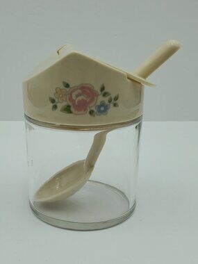 Pfaltzgraff Gemco Tea Rose Glass Sugar Bowl with Plastic Flip Top Lid and Spoon
